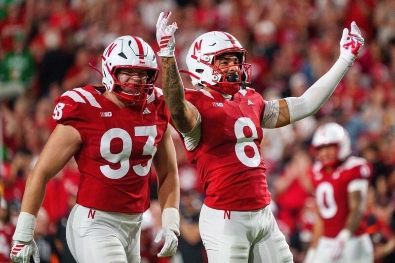 Sep 19, 2026; Lincoln, Nebraska, USA;  Nebraska Cornhuskers defensive back Donovan Jones (8) and defensive lineman Kade Pietrzak (93) celebrate after a sack against the North Dakota Fighting Hawks during the third quarter at Memorial Stadium.  Mandatory...