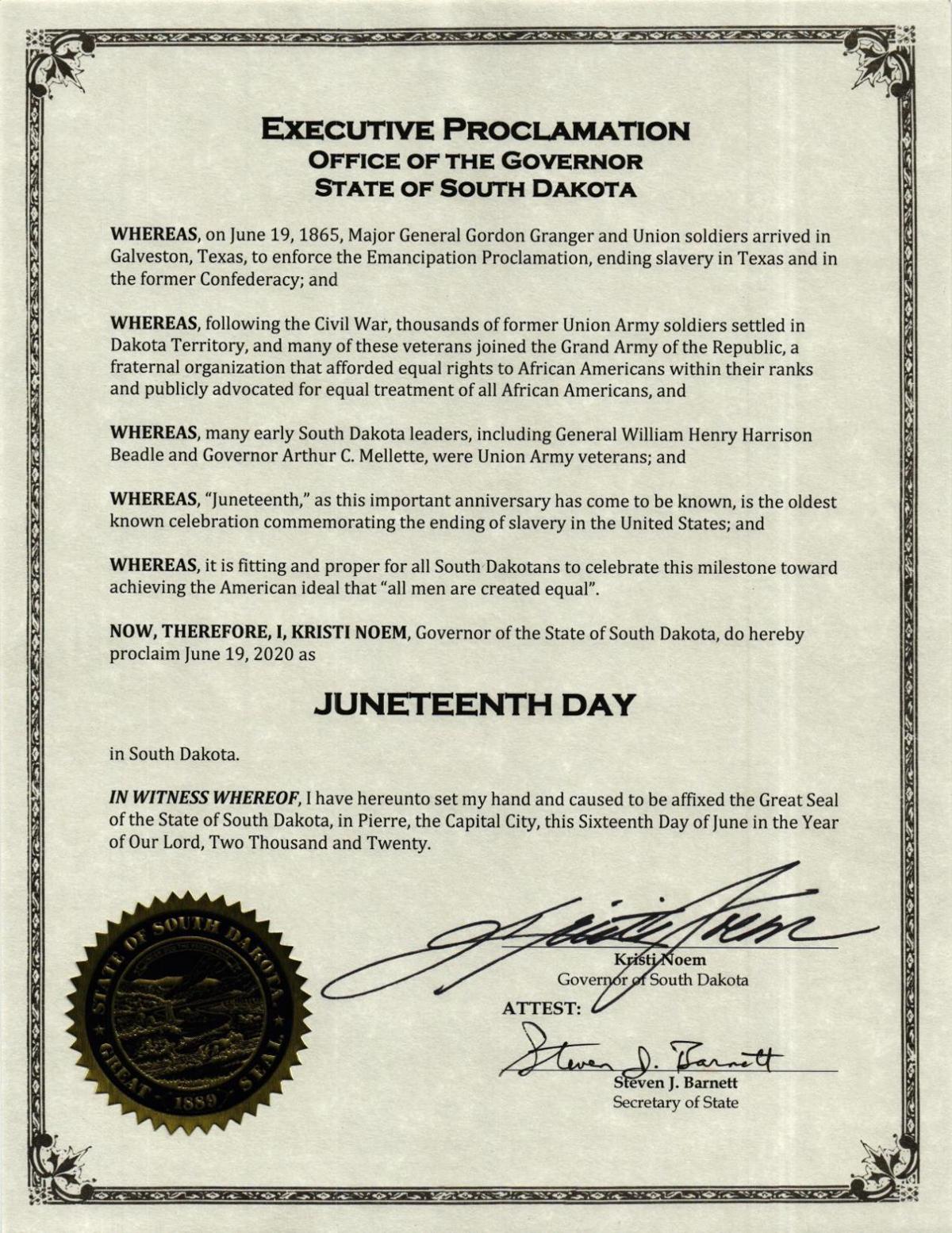 Noem Recognizes Juneteenth As A State Holiday Allender Proclaims
