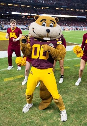 Dec 26, 2025; Phoenix, AZ, USA; Minnesota Golden Gophers mascot Goldy Gopher during the Rate Bowl at Chase Field. Mandatory Credit: Mark J. Rebilas-Imagn Images