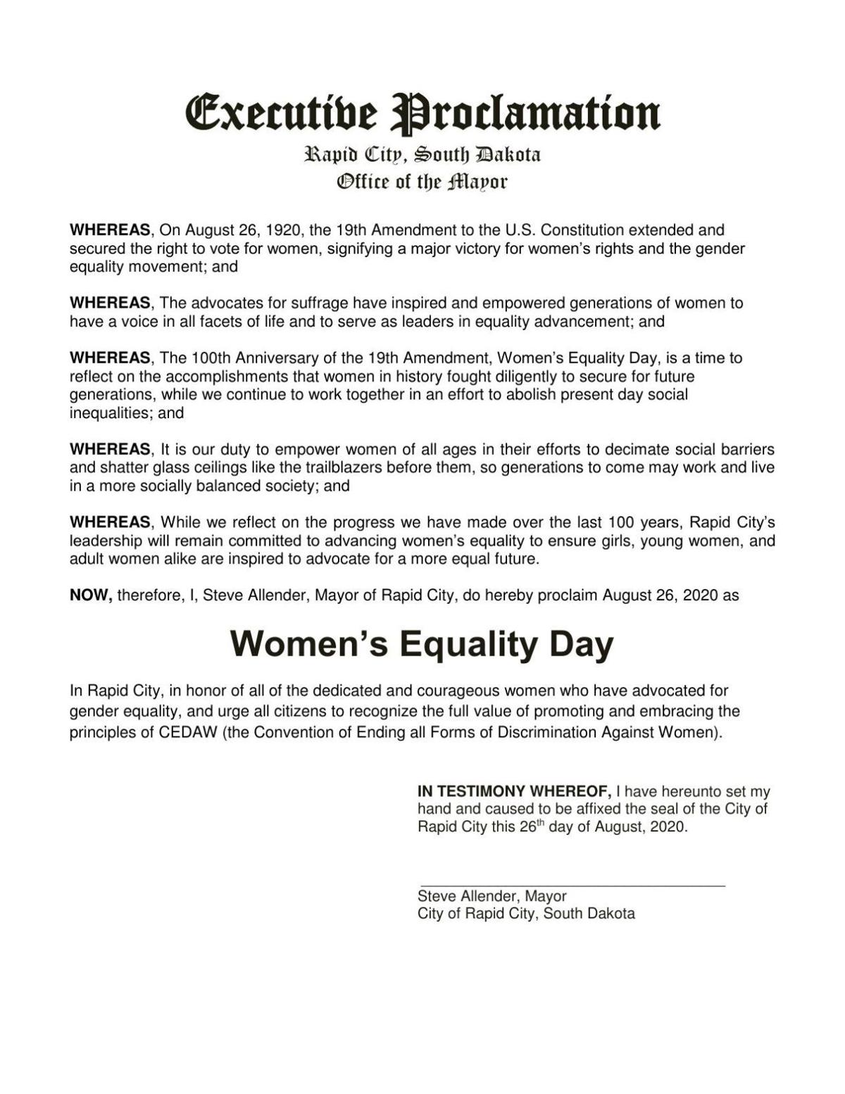 Mayor Steve Allender's Proclamation on Women's Equality