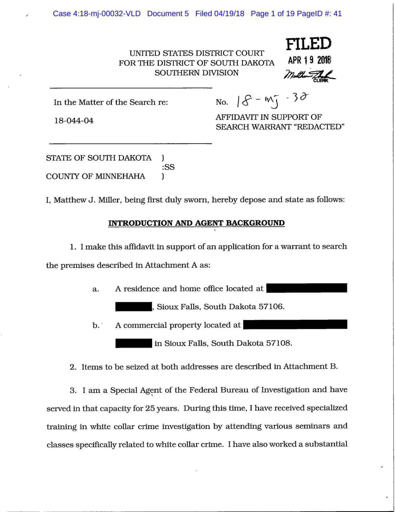 Affidavit In Support Of Erickson Search Warrant