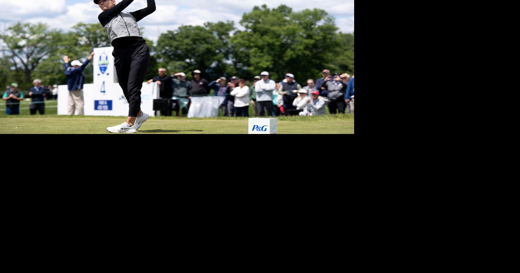 Nelly Korda, of Bradenton, Florida, tees off during the first round of the LPGA Queen City Championship at Maketewah Country