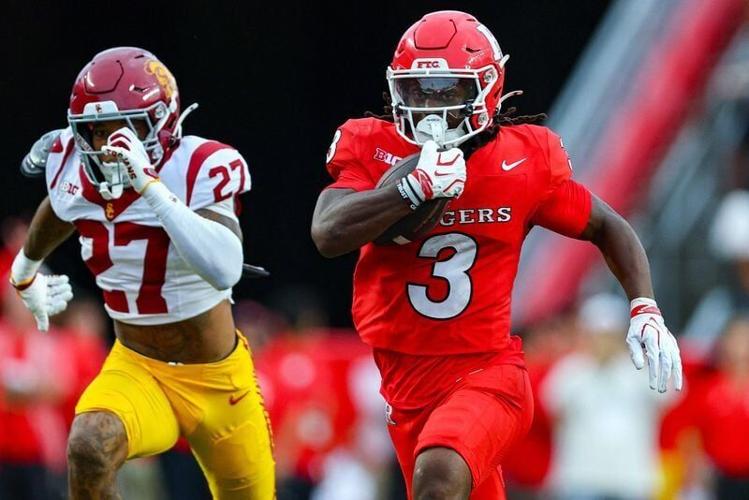 Sep 19, 2026; Piscataway, New Jersey, USA;  Rutgers Scarlet Knights running back Antwan Raymond (3) carries the ball against the USC Trojans during the second half at SHI Stadium. Mandatory Credit: Vincent Carchietta-Imagn Images