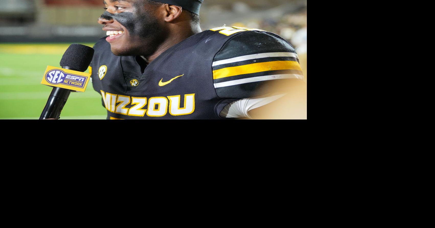 Nov 15, 2025; Columbia, Missouri, USA; Missouri Tigers running back Ahmad Hardy (29) speaks to media after the win over the Mississippi State Bulldogs at Faurot Field at Memorial Stadium.