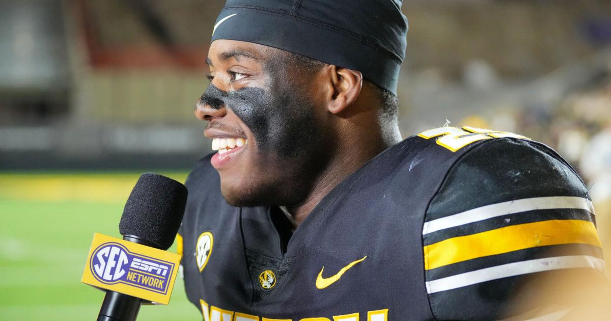 Nov 15, 2025; Columbia, Missouri, USA; Missouri Tigers running back Ahmad Hardy (29) speaks to media after the win over the Mississippi State Bulldogs at Faurot Field at Memorial Stadium.