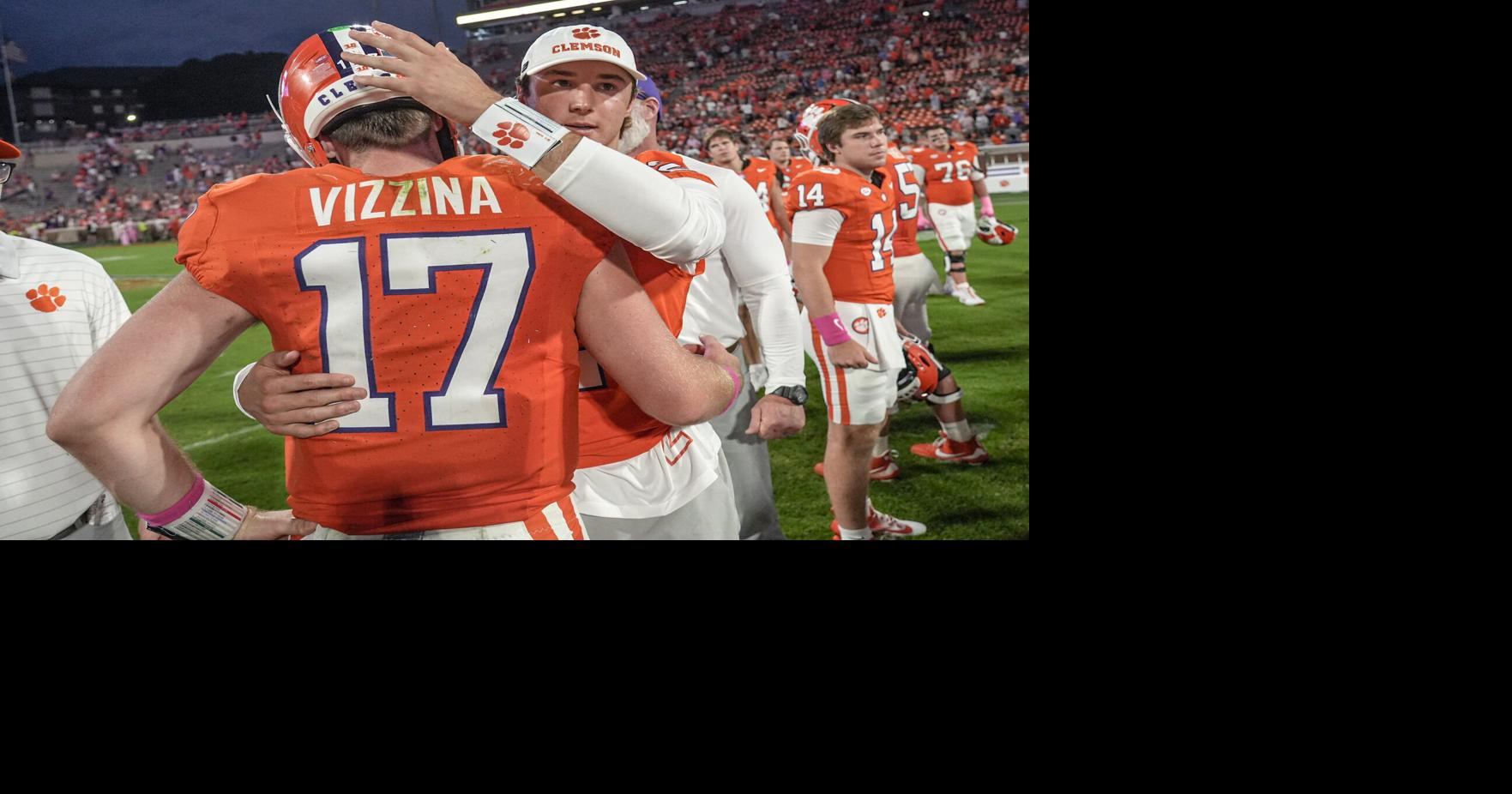 Clemson quarterback Cade Klubnik (2) consoles quarterback Christopher Vizzina (17) after the game at Memorial Stadium in Clemson, S.C. Saturday, October 18, 2025. SMU won 35-24.