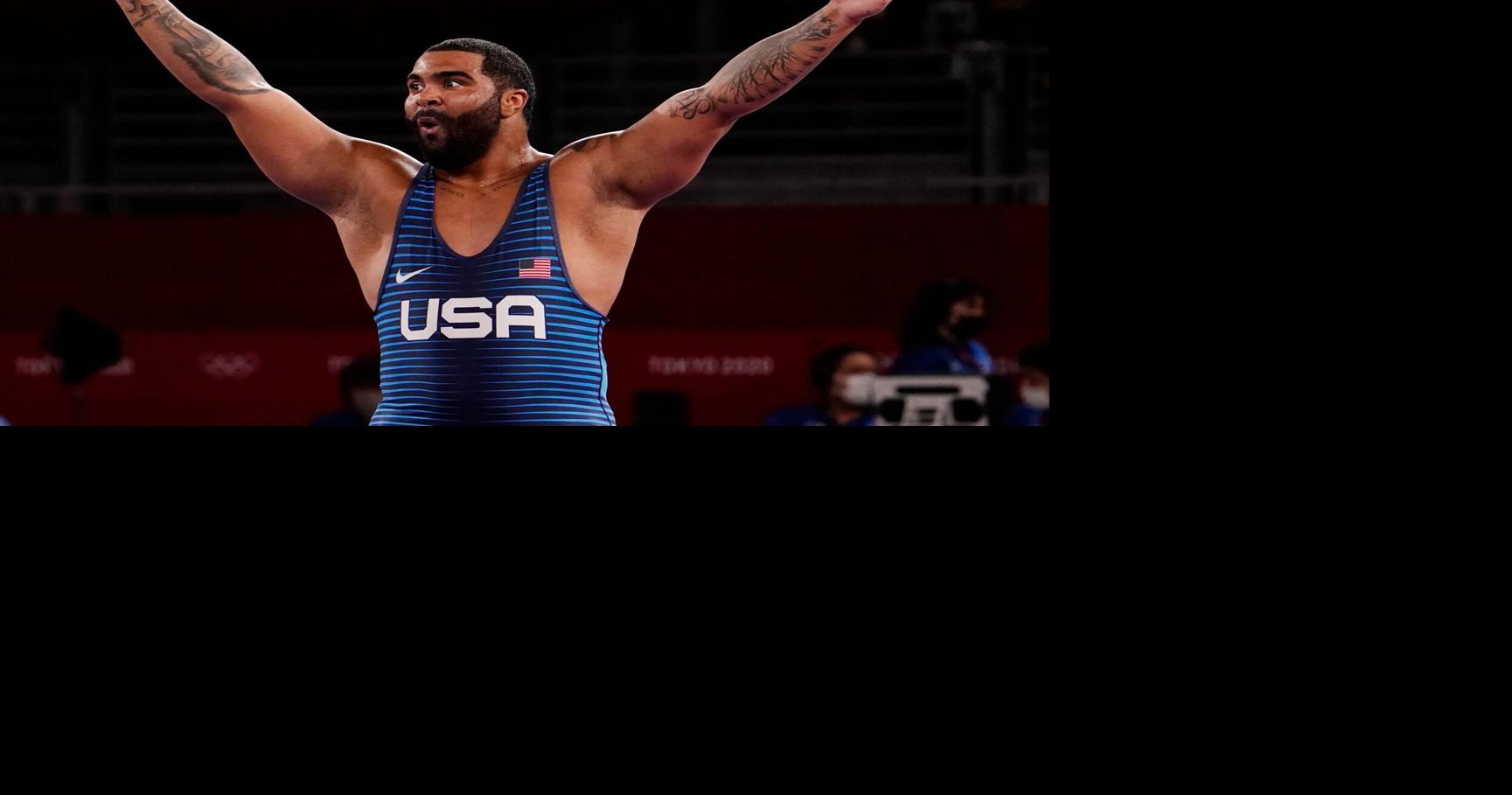 Aug 6, 2021; Chiba, Japan; Gable Dan Steveson (USA) celebrates after defeating Geno Petriashvili (GEO) in the men's freestyle 125kg final during the Tokyo 2020 Olympic Summer Games at Makuhari Messe Hall A. Mandatory Credit: Mandi Wright-USA TODAY Sports