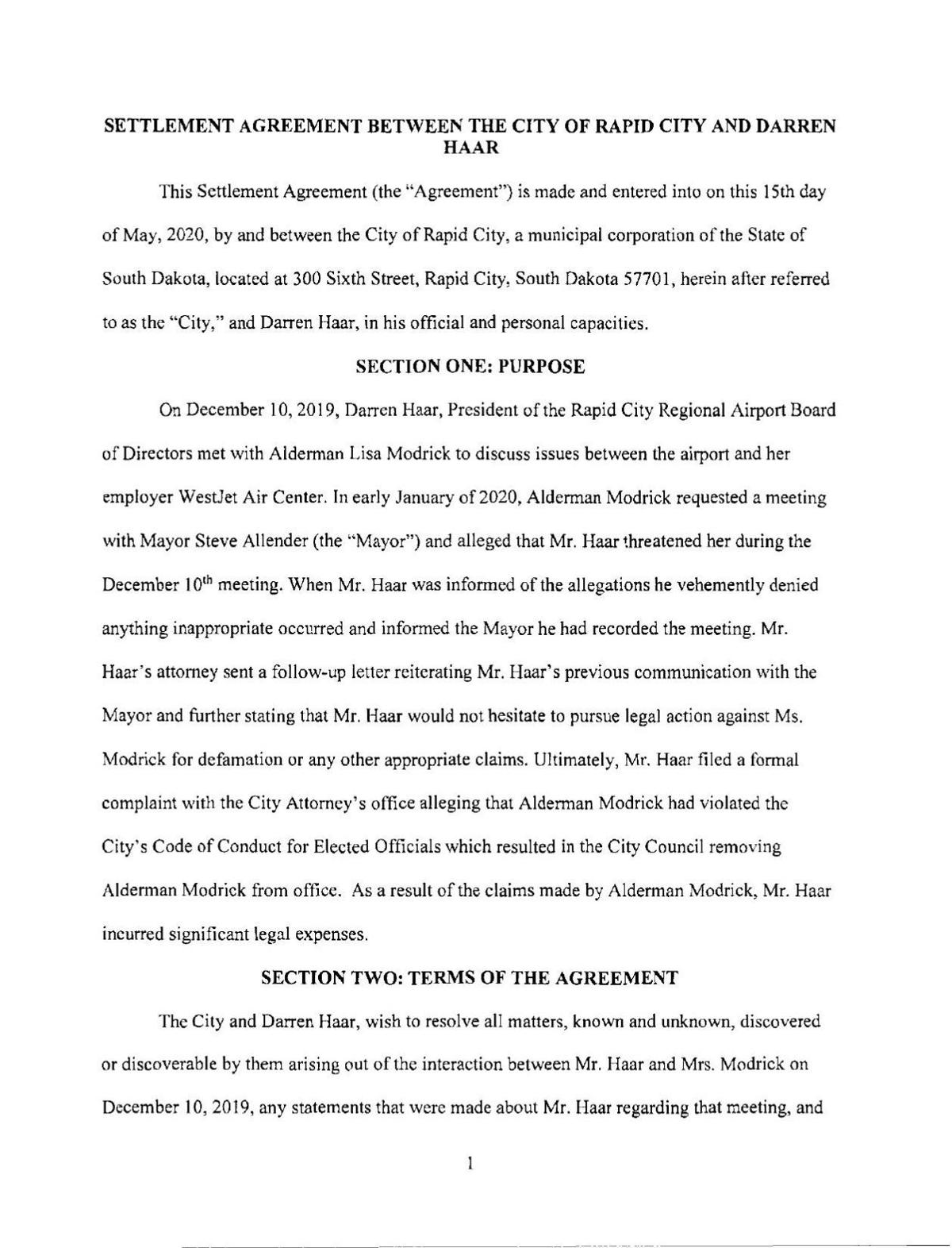 Haar Settlement Agreement Rapidcityjournal Com