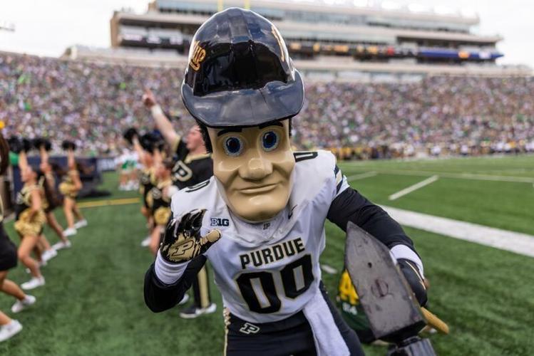 Sep 20, 2025; South Bend, Indiana, USA; Purdue mascot Purdue Pete cheers against the Notre Dame Fighting Irish during the first half at Notre Dame Stadium. Mandatory Credit: Michael Caterina-Imagn Images