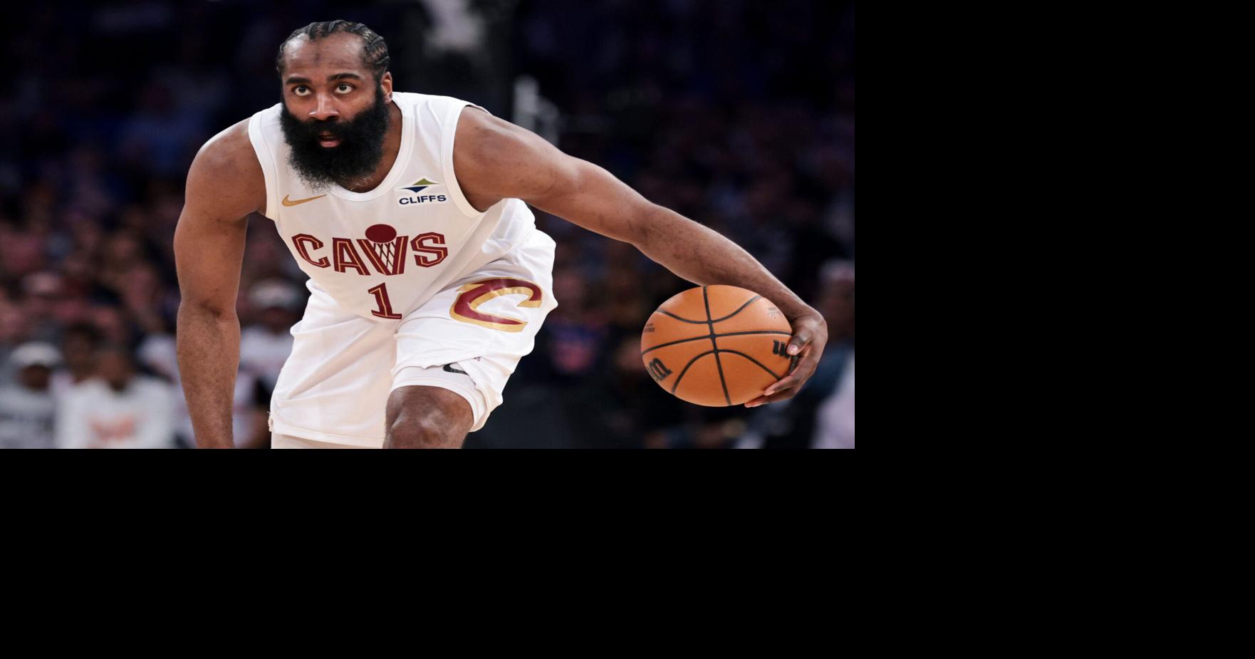 May 21, 2026; New York, New York, USA; Cleveland Cavaliers guard James Harden (1) controls the ball against the New York Knicks during the second quarter of game two of the eastern conference finals of the 2026 NBA playoffs at Madison Square Garden. Mandat