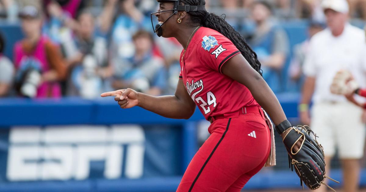 Jun 6, 2025; Oklahoma City, OK, USA; Texas Tech Red Raiders pitcher NiJaree Canady (24) points to her catcher after a strikeout in the first inning against the Texas Longhorns during game three of the NCAA Softball Women's College World Series finals at De