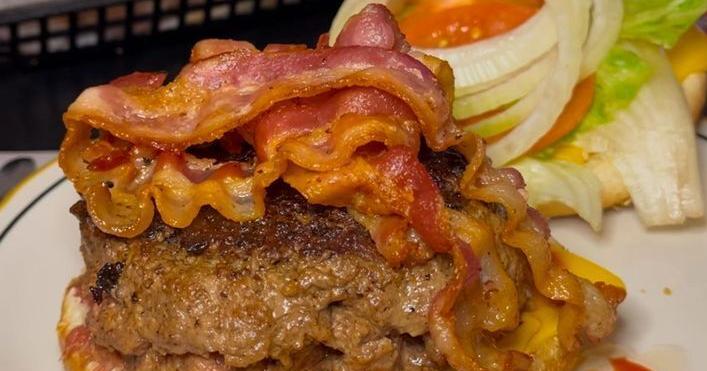 An open-faced shot of a burger from Krug's Tavern in Newark, New Jersey.