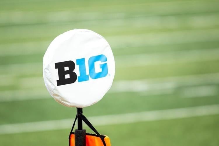 Aug 9, 2025; A detail view of a logo for the Big Ten Conference is seen during the Hawkeyes Kids Day NCAA football open practice at Kinnick Stadium in Iowa City, Iowa. Mandatory Credit: Joseph Cress for the Des Moines Register