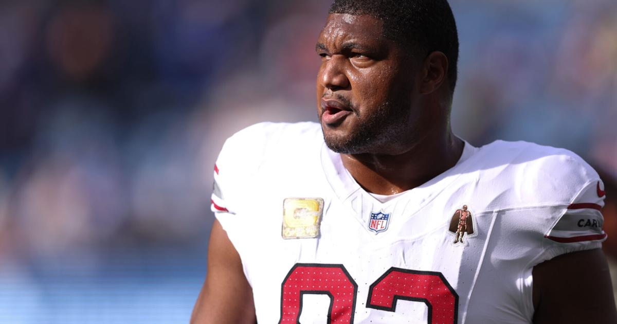 Nov 9, 2025; Seattle, Washington, USA; Arizona Cardinals defensive tackle Calais Campbell (93) looks on before the game against the Seattle Seahawks at Lumen Field. Mandatory Credit: Kevin Ng-Imagn Images