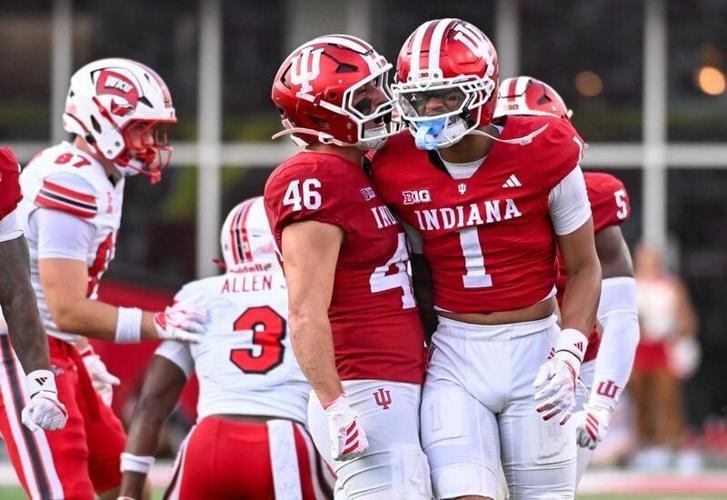 Sep 19, 2026; Bloomington, Indiana, USA; Indiana Hoosiers linebacker Isaiah Jones (46) and Indiana Hoosiers defensive back Amare Ferrell (1) celebrate after a play against the Western Kentucky Hilltoppers during the second half at Merchants Bank Field a...