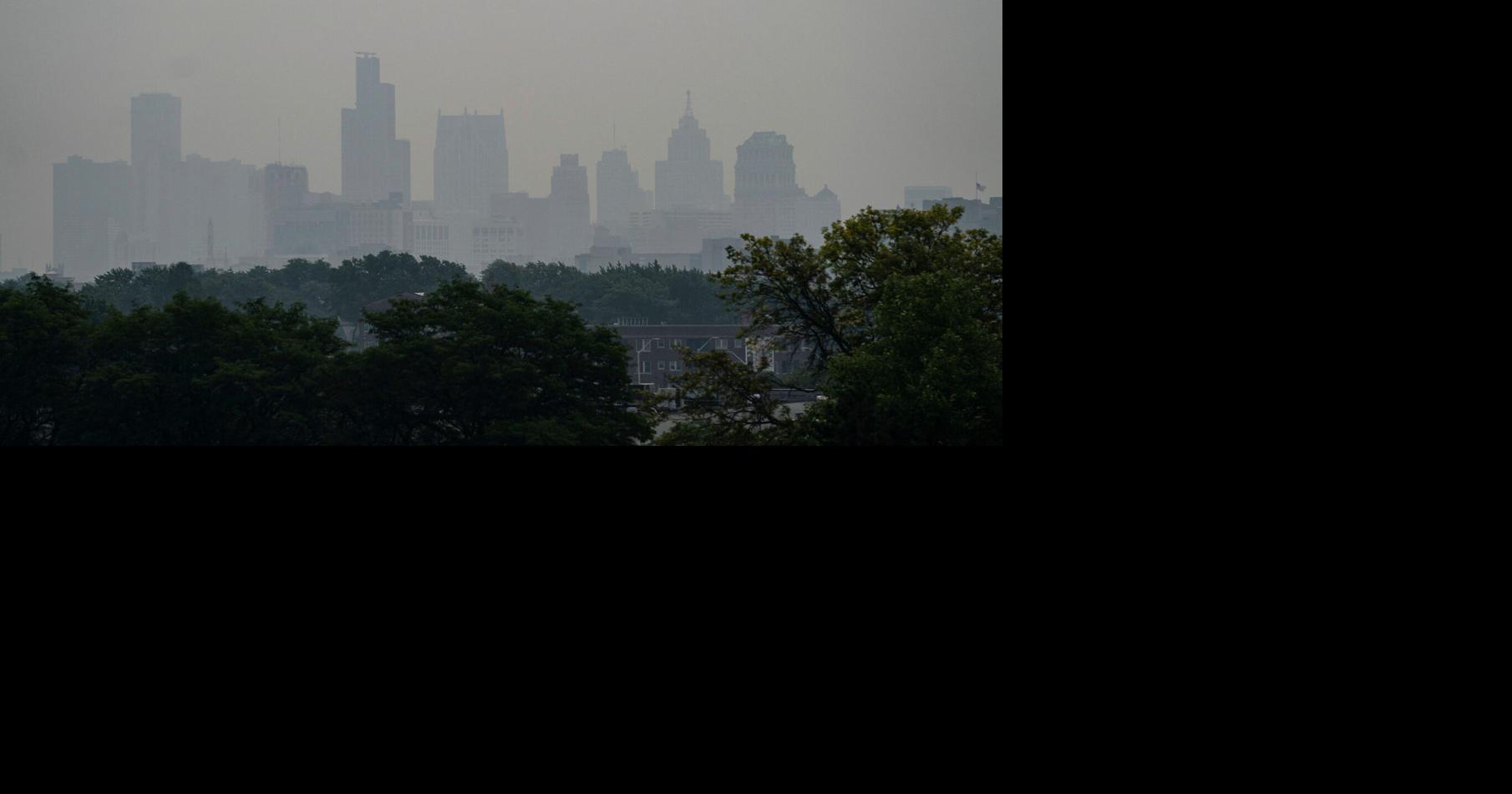 The Detroit skyline is seen through a blanket of smoke from Canadian wildfires on Thursday, July 16, 2026.