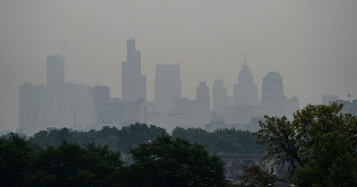 The Detroit skyline is seen through a blanket of smoke from Canadian wildfires on Thursday, July 16, 2026.