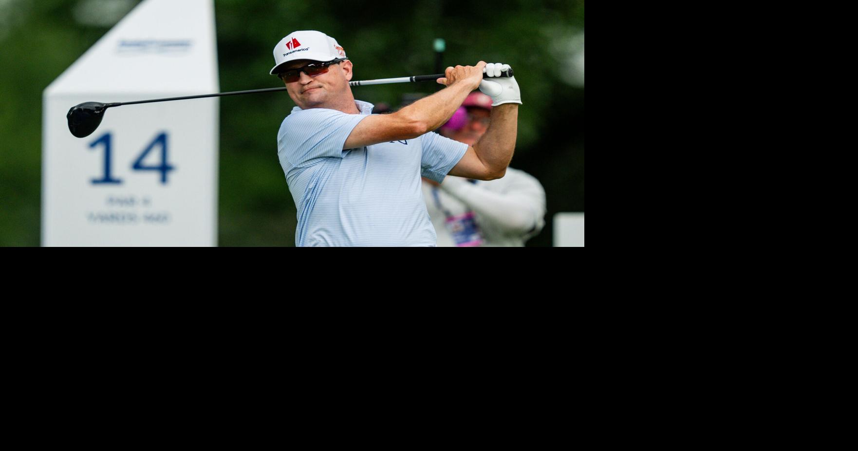 Zach Johnson follows through on his drive off hole No. 14 during round 3 of the Kaulig Companies PGA Championship, July 11,