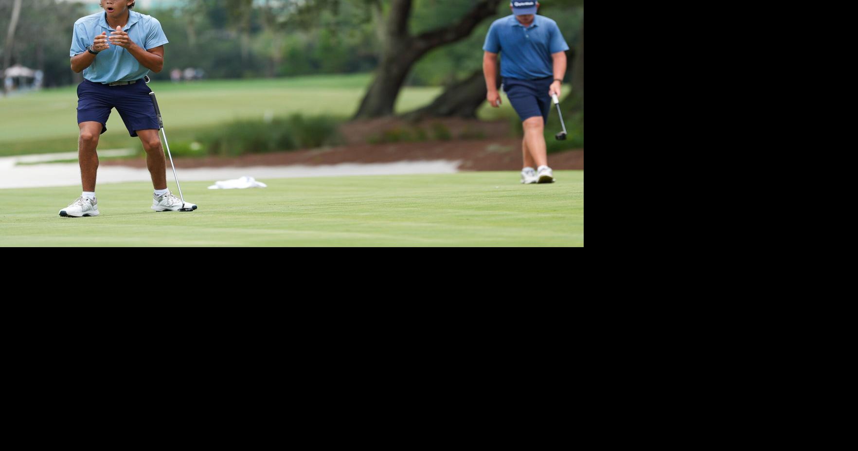 Charlie Woods reacts to missing his birdie putt on the 14th green during the final round of the Junior Players Championship at