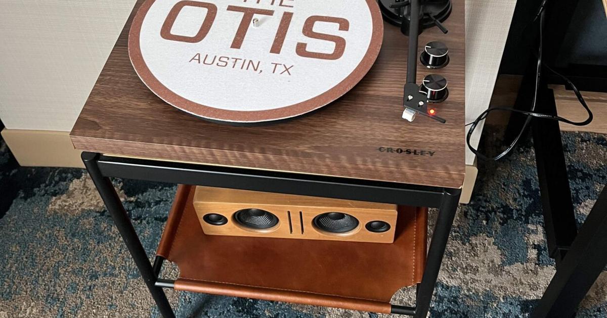 Old vinyl phonograph in each room at the Otis Hotel in Austin.