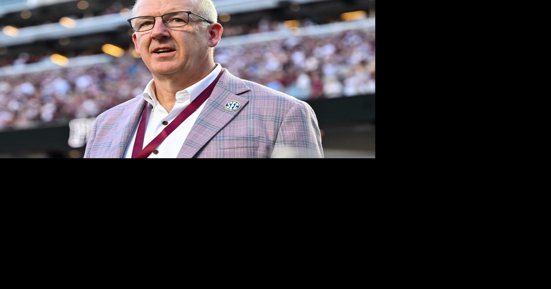 Oct 11, 2025; College Station, Texas, USA; SEC Commissioner Greg Sankey walks on the field prior to the game between the Texas A&M Aggies and the Florida Gators at Kyle Field. Mandatory Credit: Maria Lysaker-Imagn Images