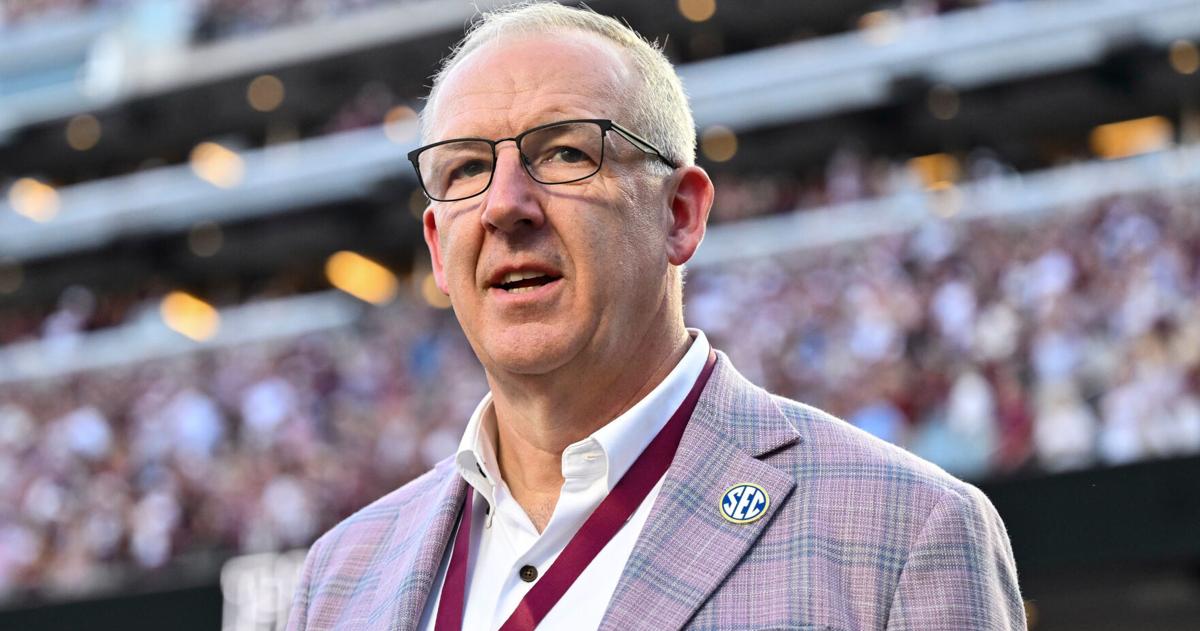 Oct 11, 2025; College Station, Texas, USA; SEC Commissioner Greg Sankey walks on the field prior to the game between the Texas A&M Aggies and the Florida Gators at Kyle Field. Mandatory Credit: Maria Lysaker-Imagn Images