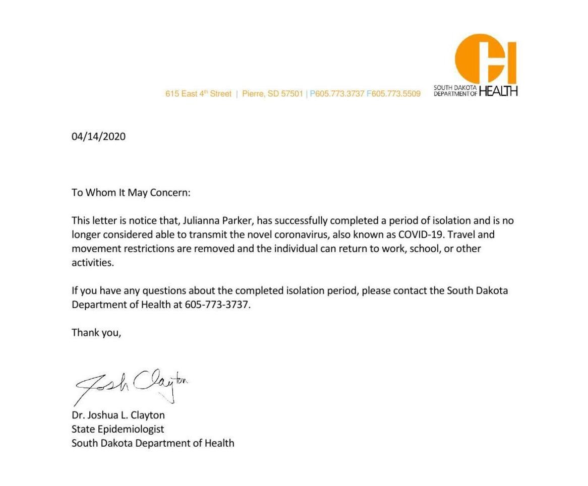 DOH COVID 19 release letter