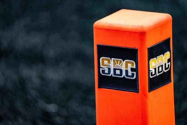 The Sun Belt Conference logo is seen on a pylon during a spring game at M.M. Roberts Stadium in Hattiesburg, Miss., on Saturday, April 18, 2026.