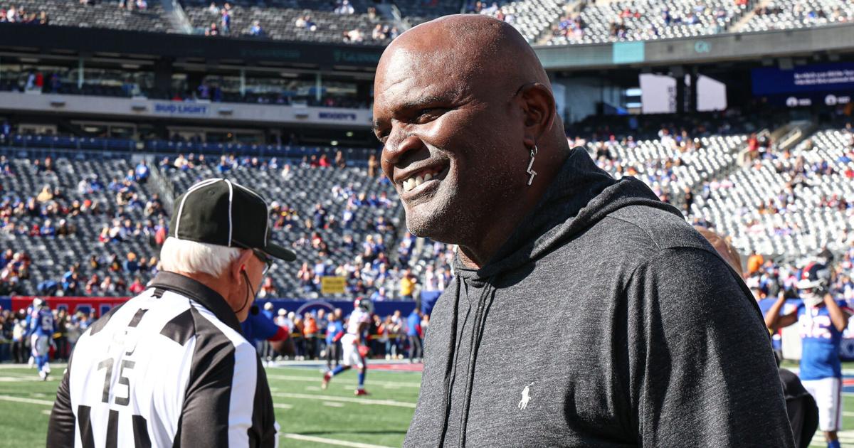 Nov 3, 2024; East Rutherford, New Jersey, USA; Former New York Giants linebacker Lawrence Taylor on the field before the game between the Giants and the Washington Commanders at MetLife Stadium. Mandatory Credit: Vincent Carchietta-Imagn Images