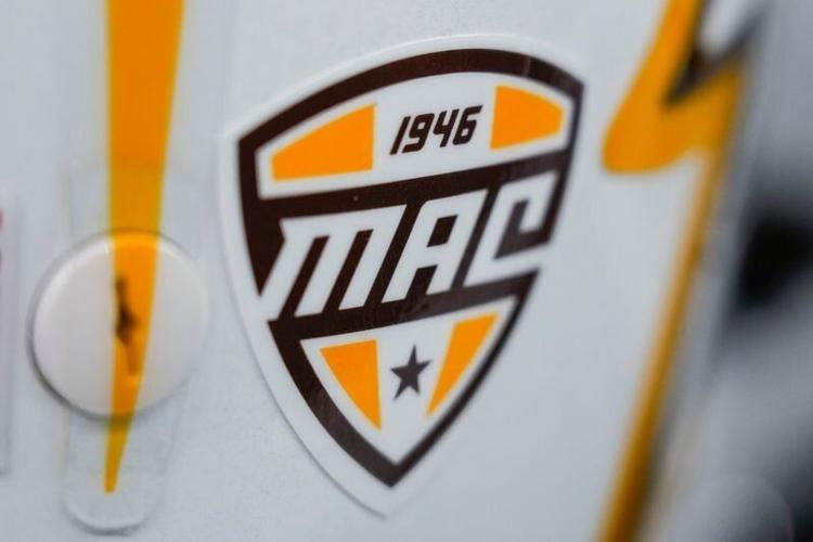 Aug 30, 2024; Madison, Wisconsin, USA; General view of the MAC Conference logo on a Western Michigan Broncos helmet during warmups prior to the game against the Wisconsin Badgers at Camp Randall Stadium. Mandatory Credit: Jeff Hanisch-USA TODAY Sports