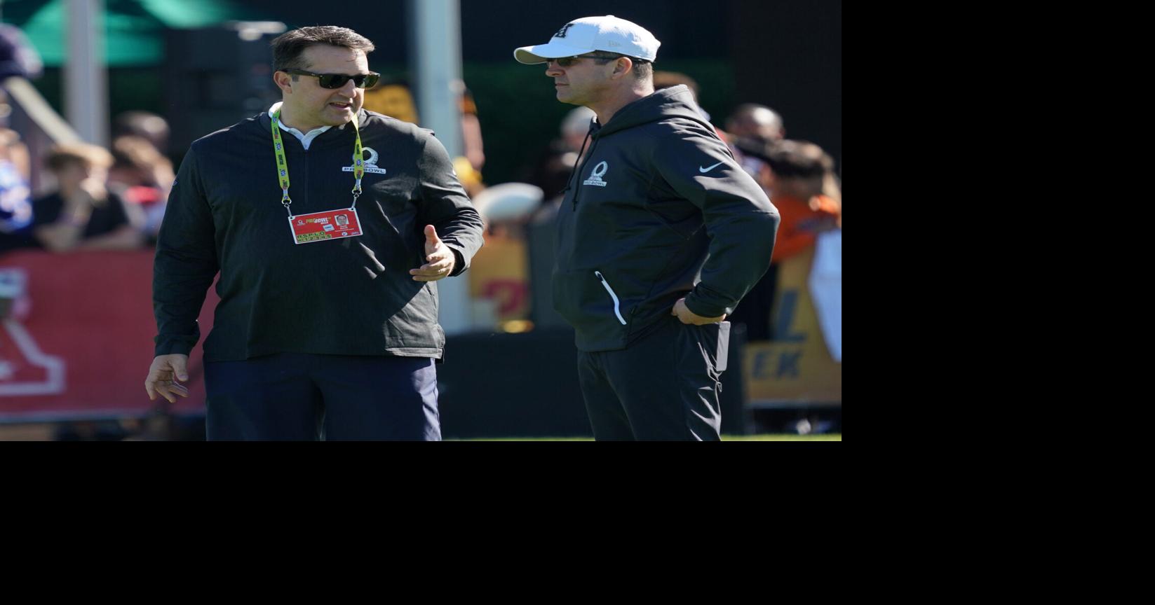 Jan 25, 2020; Kissimmee, Florida, USA; Baltimore Ravens coach John Harbaugh (right) talks with NFL senior vice president of operations Dave Gardi aka Todd Gardi during AFC Practice at ESPN Wide World of Sports. Mandatory Credit: Kirby Lee-USA TODAY Sports