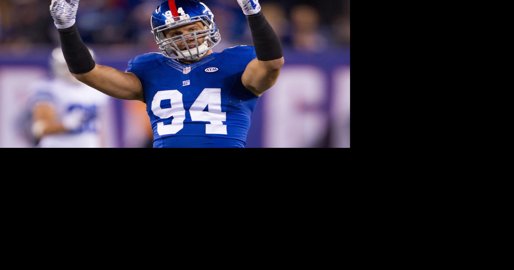 Oct 25, 2015; East Rutherford, NJ, USA; New York Giants outside linebacker Mark Herzlich (94) gets the crowd going in the 4th quarter against the Dallas Cowboys at MetLife Stadium. Mandatory Credit: William Hauser-USA TODAY Sports