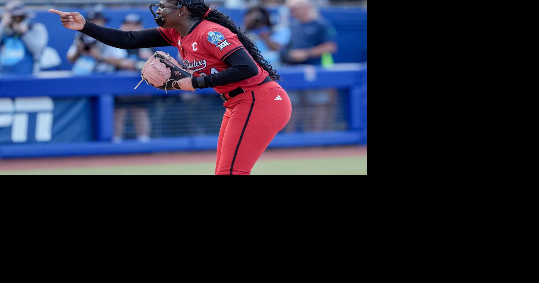 Texas Tech pitcher Nijaree Canady (24) celebrates a strikeout in the third inning during a softball game at the Women's College World Series between Texas Tech and Alabama at Devon Park in Oklahoma City, on Monday, June 1, 2026.