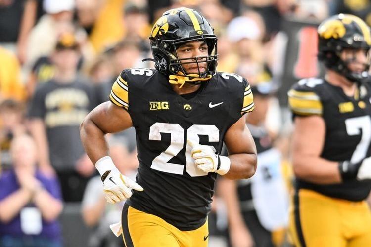 Sep 19, 2026; Iowa City, Iowa, USA; Iowa Hawkeyes running back Xavier Williams (26) comes off the field after scoring a touchdown against the Northern Iowa Panthers during the second quarter at Kinnick Stadium. Mandatory Credit: Jeffrey Becker-Imagn Images