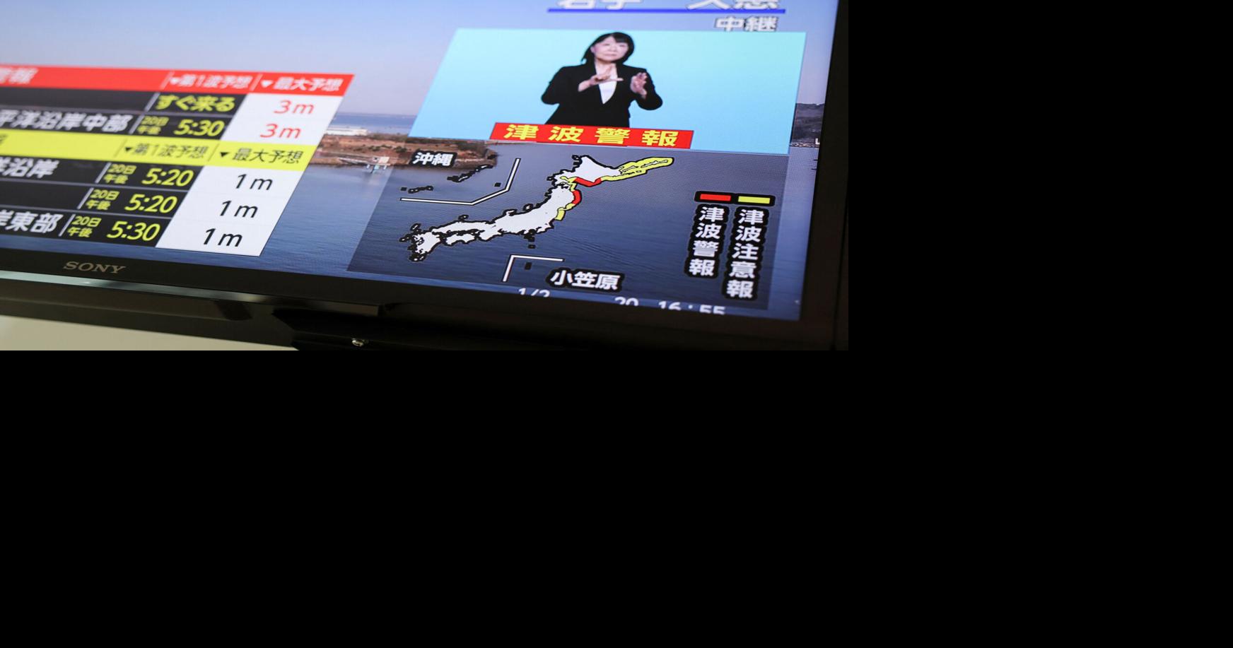 A television screen shows a news report on Japan Meteorological Agency's tsunami warning after an earthquake struck off the northeastern coast of Japan, in Tokyo