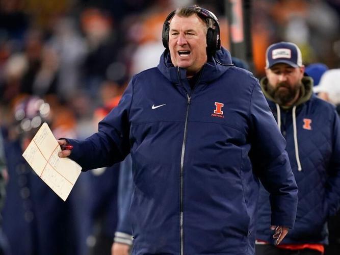Illinois coach Bret Bielema disputes a call in the first quarter of the Music City Bowl against Tennessee in an NCAA football game on Dec. 30, 2025, in Nashville, Tennessee.