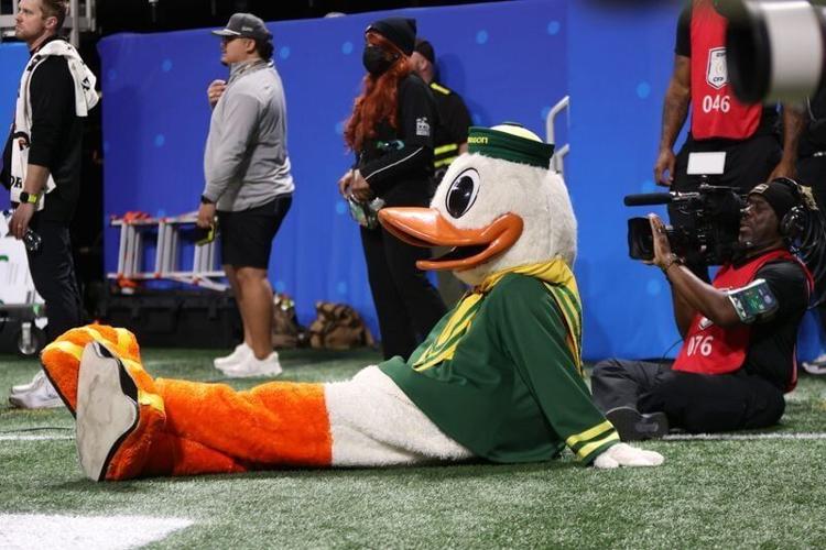 Jan 9, 2026; Atlanta, GA, USA; The Oregon Ducks mascot sits on the sidelines prior to the 2025 Peach Bowl and semifinal game of the College Football Playoff against the Indiana Hoosiers at Mercedes-Benz Stadium. Mandatory Credit: Brett Davis-Imagn Images
