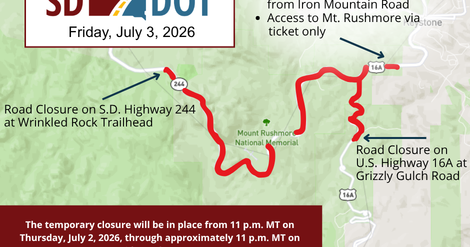 Temporary road closures for Mount Rushmore fireworks on July 3