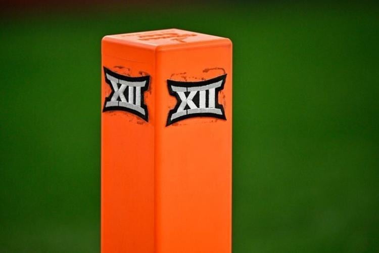 Dec 6, 2025; Arlington, TX, USA; A view of the Big 12 logo on a touchdown pylon during the game between the Red Raiders and the Cougars at AT&T Stadium. Mandatory Credit: Jerome Miron-Imagn Images