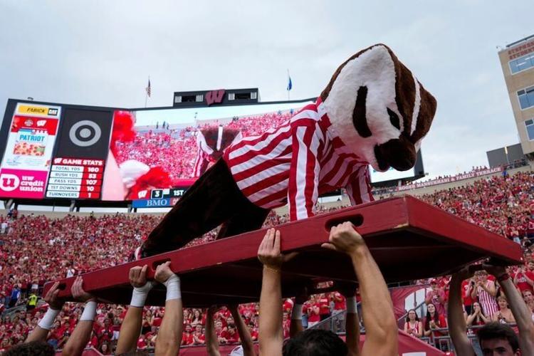 Sep 20, 2025; Madison, Wisconsin, USA; Wisconsin Badgers mascot Bucky Badger does push ups following a field goal during the third quarter against the Maryland Terrapins at Camp Randall Stadium. Mandatory Credit: Jeff Hanisch-Imagn Images