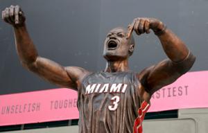 Oct 28, 2024; Miami, Florida, USA; A general view of the new Dwyane Wade statue in front of the Kaseya Center. Mandatory Credit: Rhona Wise-Imagn Images