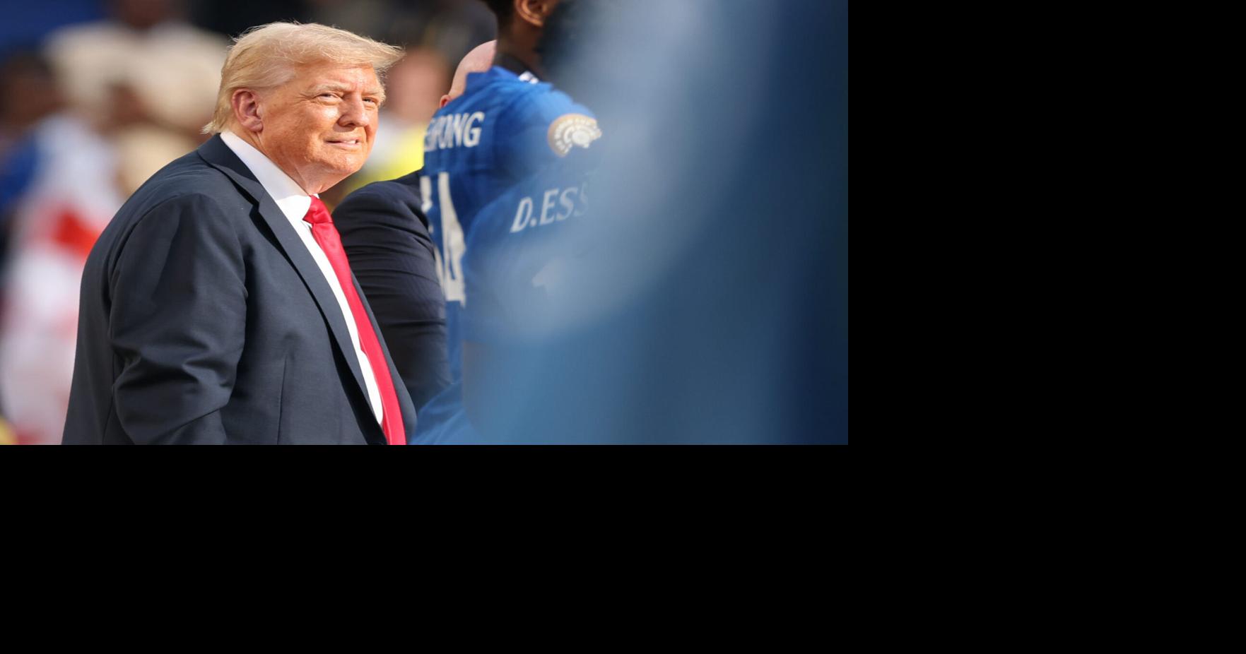 Jul 13, 2025; East Rutherford, New Jersey, USA; U.S. President Donald Trump on stage during the final of the 2025 FIFA Club World Cup between Paris Saint-Germain and Chelsea FC at MetLife Stadium. Mandatory Credit: Vincent Carchietta-Imagn Images