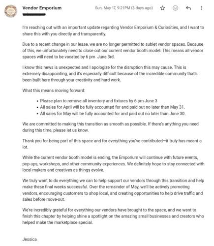 Vendor Emporium Email, May 17