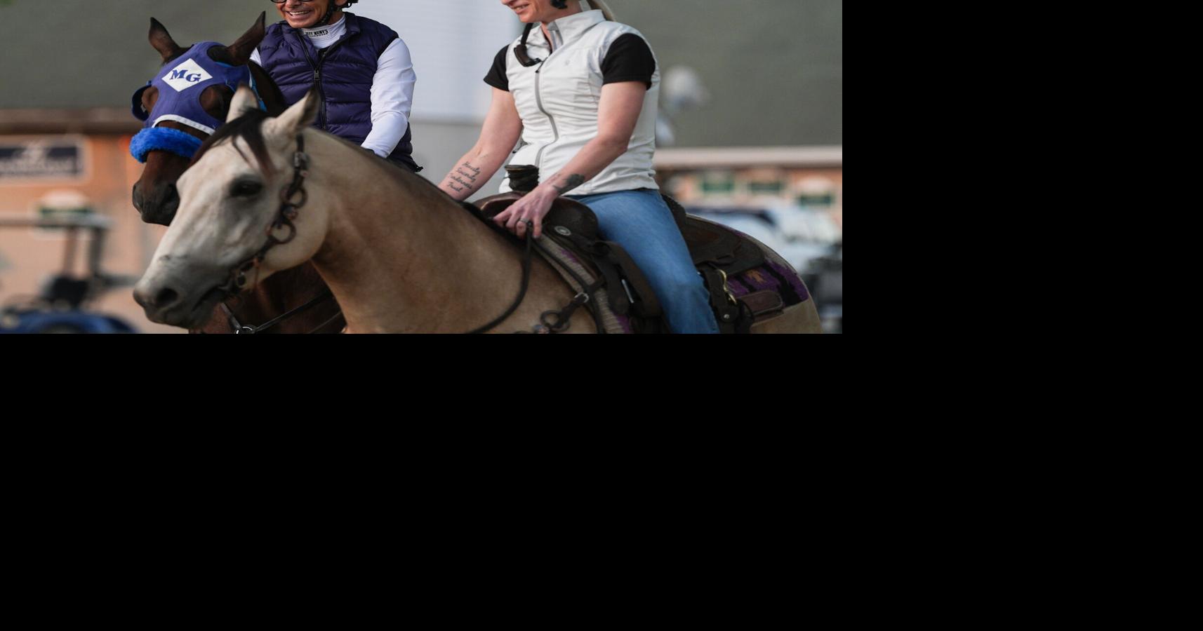 Two-time Kentucky Derby winning jockey Mike Smith smiles while aboard 2026 Derby contender So Happy as the two prepare to take