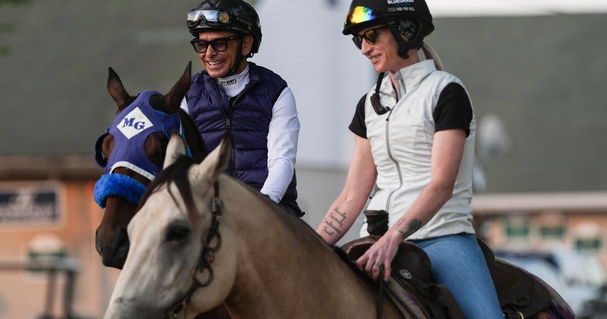 Two-time Kentucky Derby winning jockey Mike Smith smiles while aboard 2026 Derby contender So Happy as the two prepare to take
