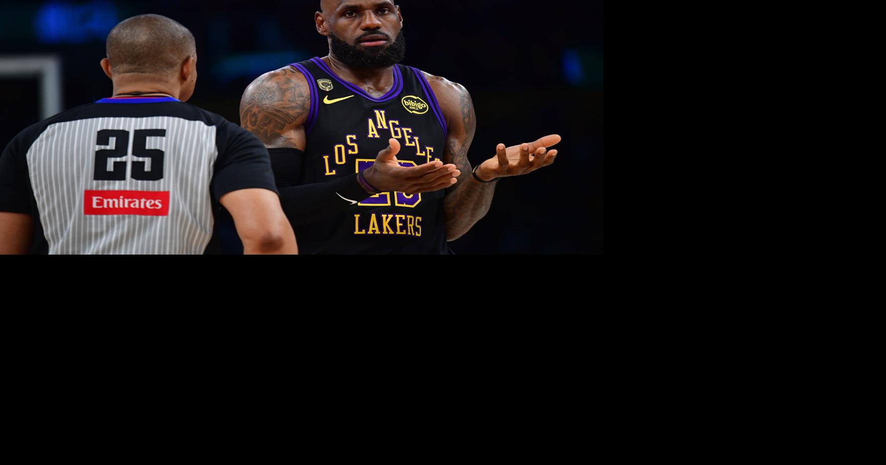 May 11, 2026; Los Angeles, California, USA; Los Angeles Lakers forward LeBron James (23) speaks with official Tony Brothers during the first half in game four of the second round of the 2026 NBA Playoffs at Crypto Arena. Mandatory Credit: Gary A. Vasqu