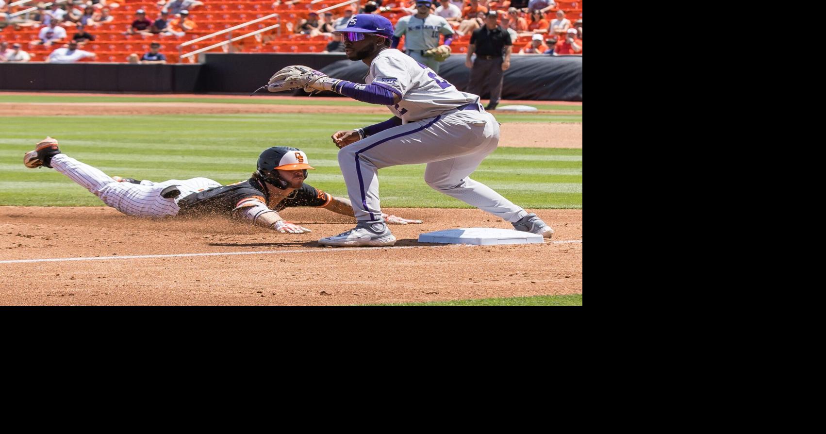 May 13, 2023; Stillwater, OK, USA; Oklahoma State Cowboys second baseman Roc Riggio (7) slides into third base ahead of the throw to Kansas State Wildcats infielder Kaelen Culpepper (22). Mandatory Credit: Brett Rojo-USA TODAY Sports