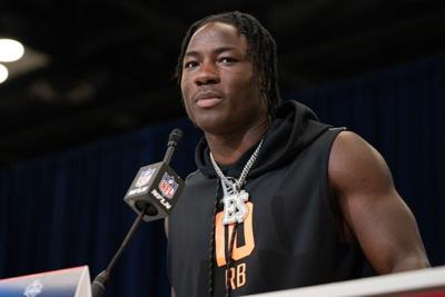 Feb 27, 2026; Indianapolis, IN, USA; Nebraska running back Emmett Johnson (RB10) speaks to members of the media during the NFL Combine at the Indiana Convention Center. Mandatory Credit: Jacob Musselman-Imagn Images