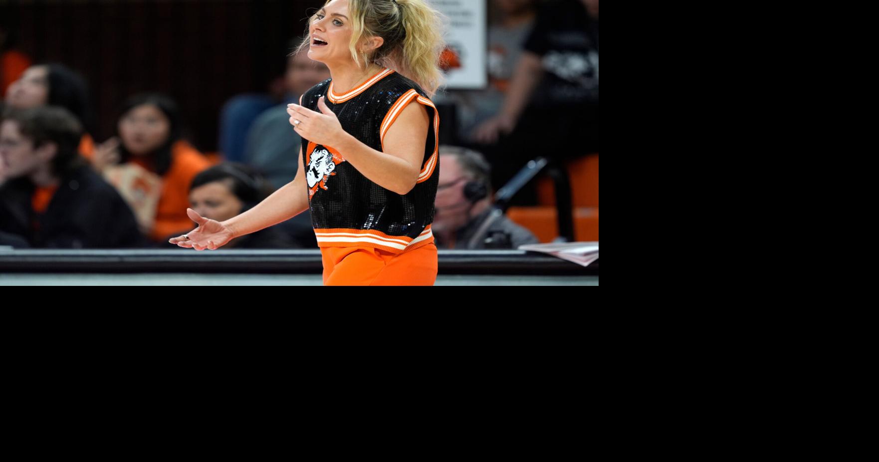 Oklahoma State coach Jacie Hoyt talks woth an official during a women's college basketball game between the Oklahoma State Cowgirls (OSU) and the Houston Cougars at Gallagher-Iba Arena in Stillwater, Saturday, Jan. 3, 2026.