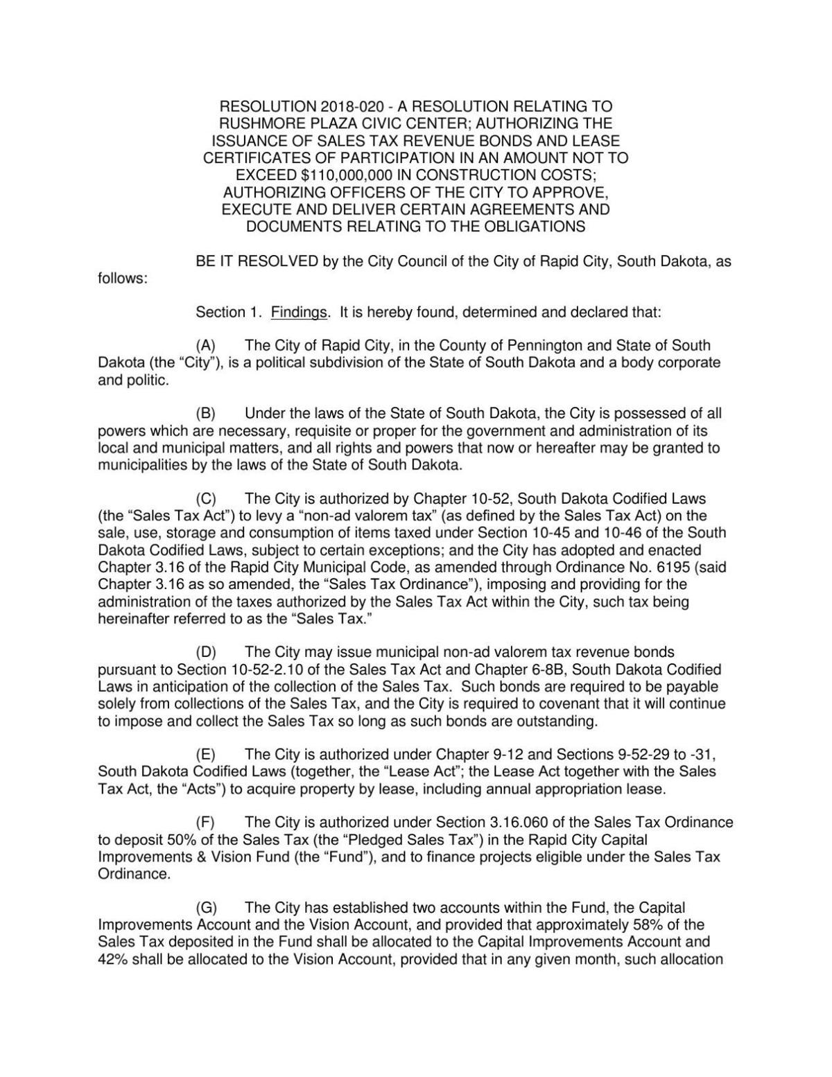 Resolution Authorizing City Issuance Of 110 Million In Sales Tax Revenue Bonds To Build New Arena Rapidcityjournal Com